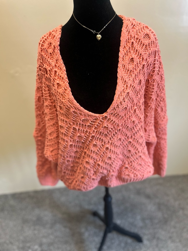 Pol Coral Open-Weave V-Neck Sweater